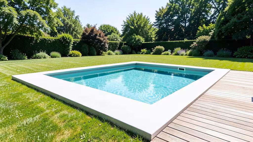 Bouwkundig zwembad met polyester bekleding in een tuin in Limburg