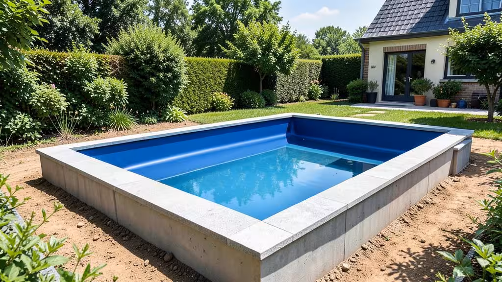Afgewerkt bouwkundig zwembad met lichtgrijze polyester bekleding