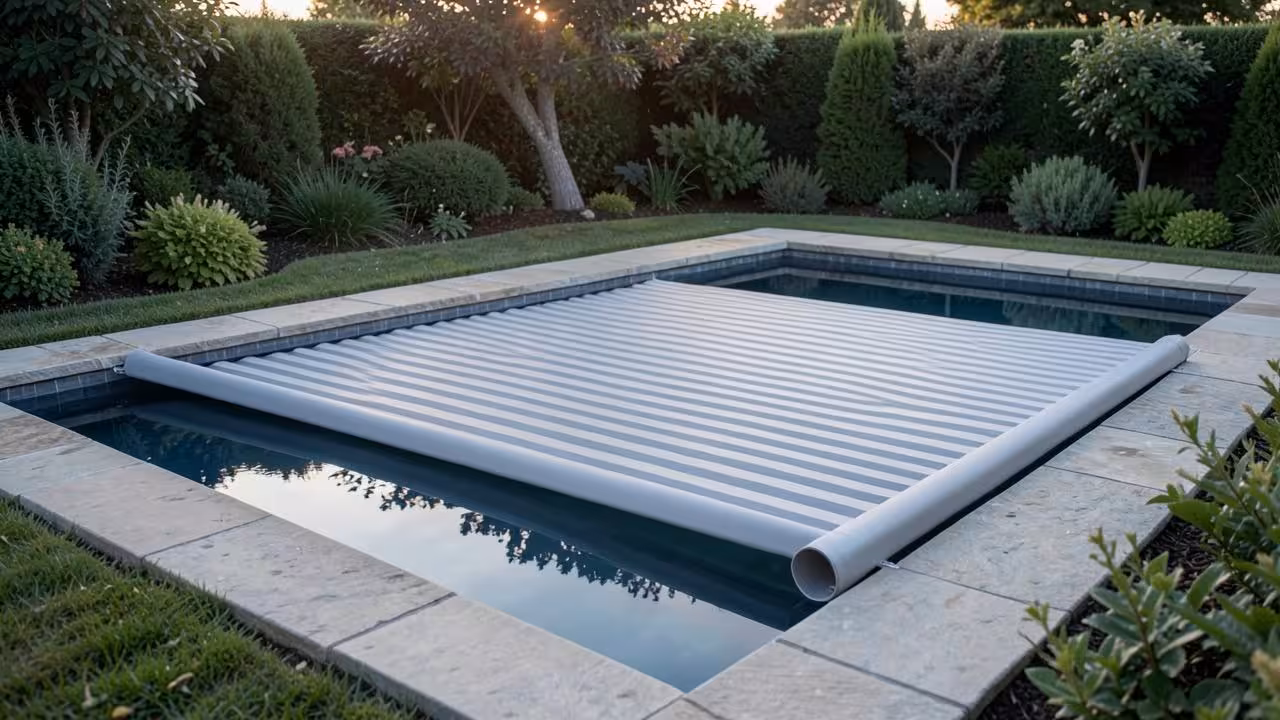 Automatisch zwembadrolluik met lichtgrijze lamellen half over een zwembad gerold