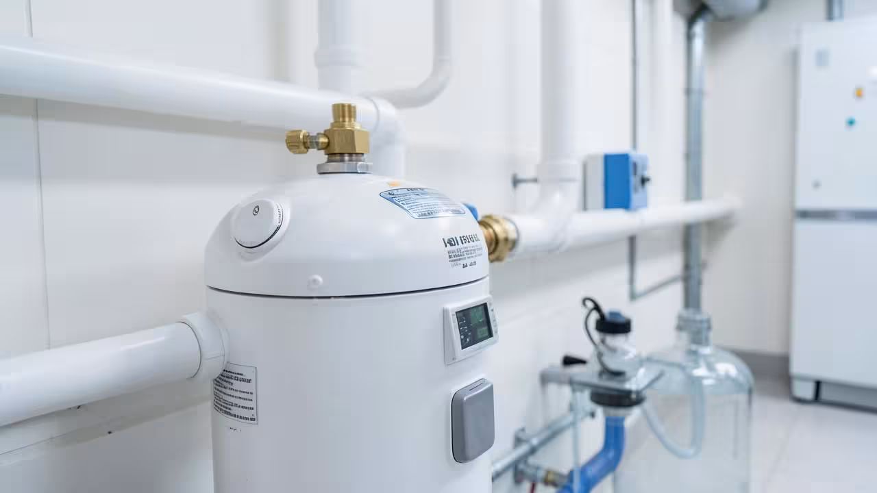 Waterbehandelingsinstallatie met zoutelektrolysecel en leidingwerk in een zwembadtechniekruimte