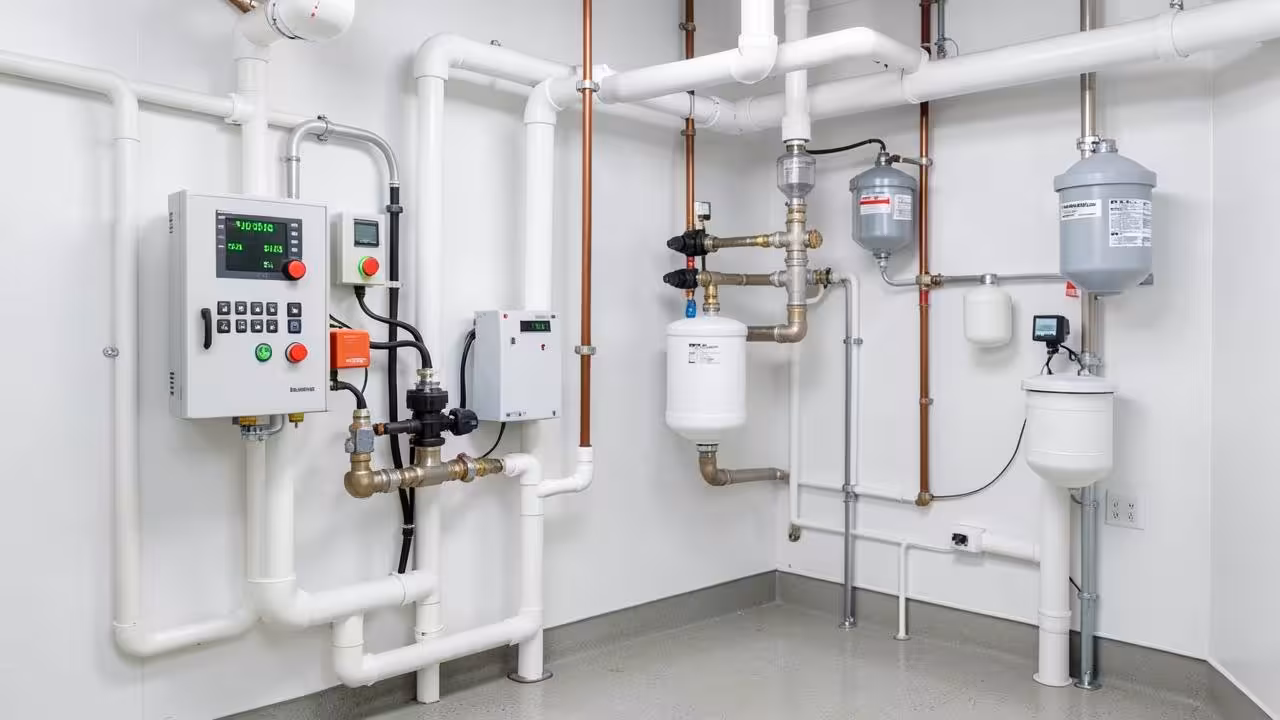 Techniekruimte met automatische stuurkast voor pH- en redoxregeling en doseerpompen