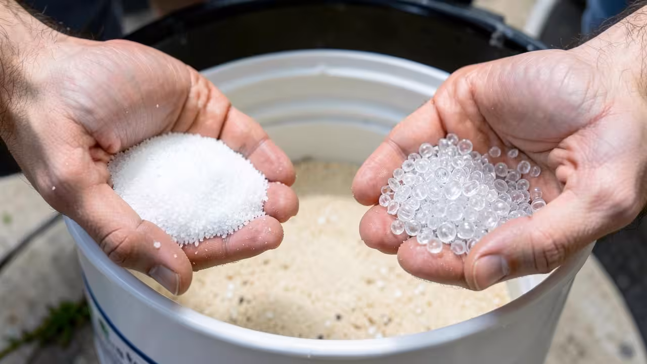 Twee handen met filterzand en glasparels boven een open zandfilter
