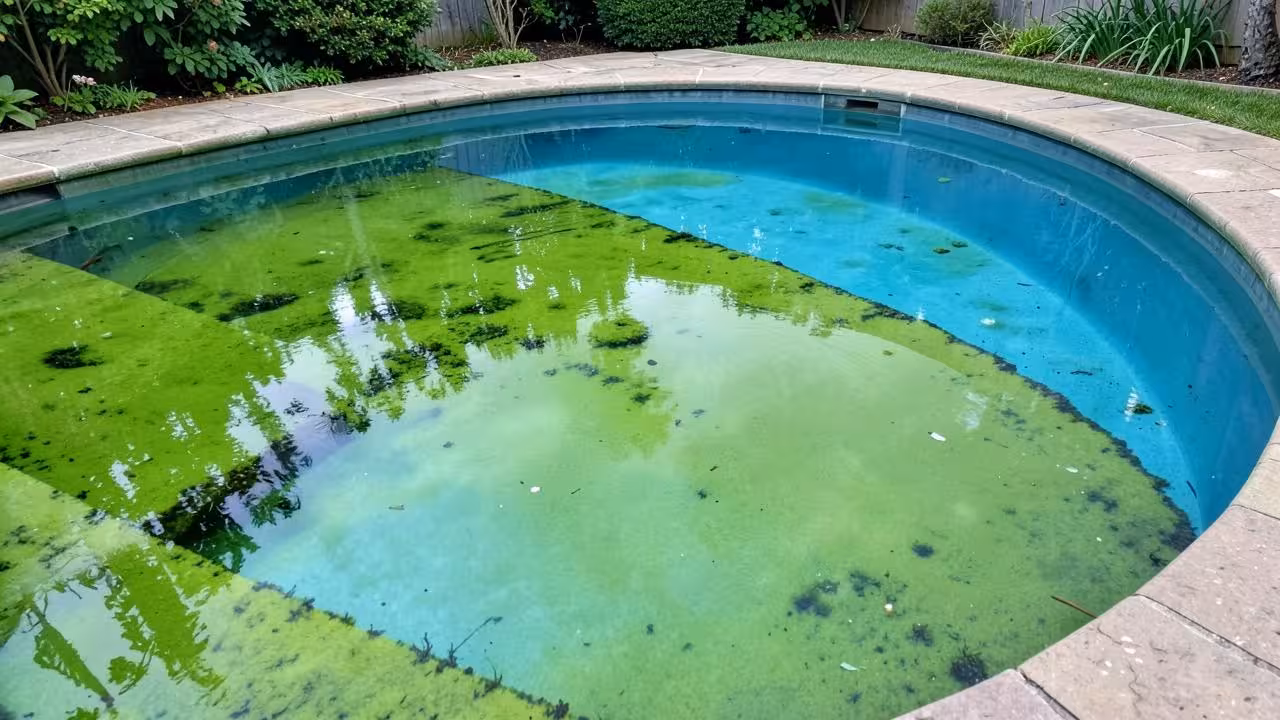 Zwembad met groen algenwater dat gedeeltelijk terug helder blauw kleurt