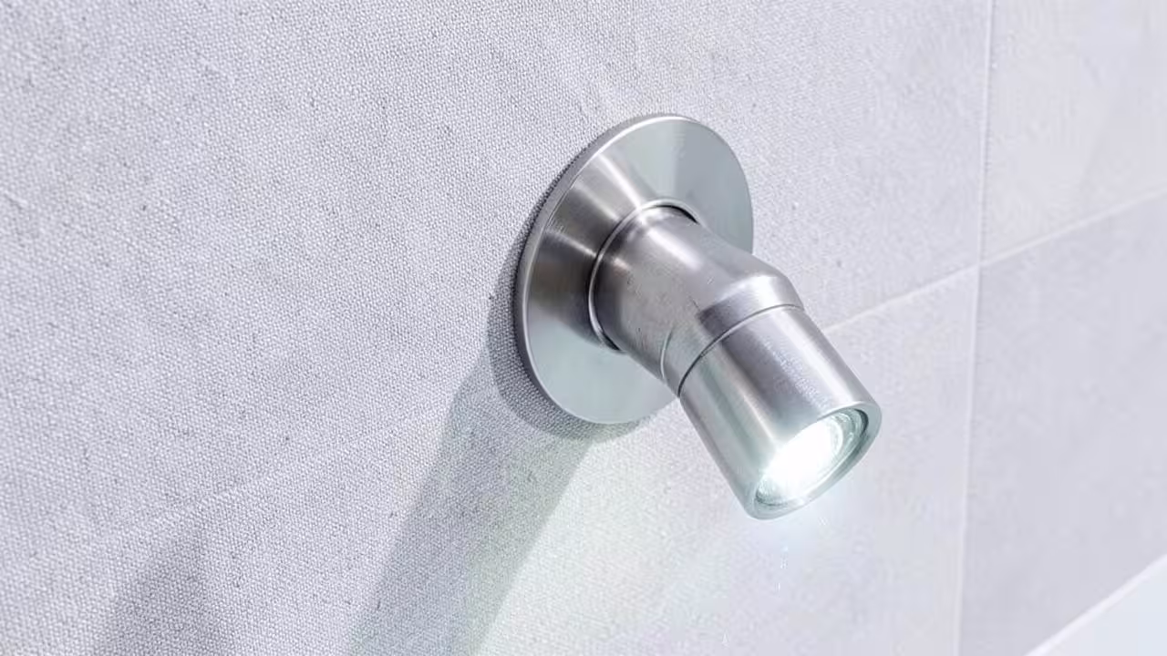 Roestvrijstalen inbouwdeel met onderwaterverlichting in een lichtgrijze zwembadwand