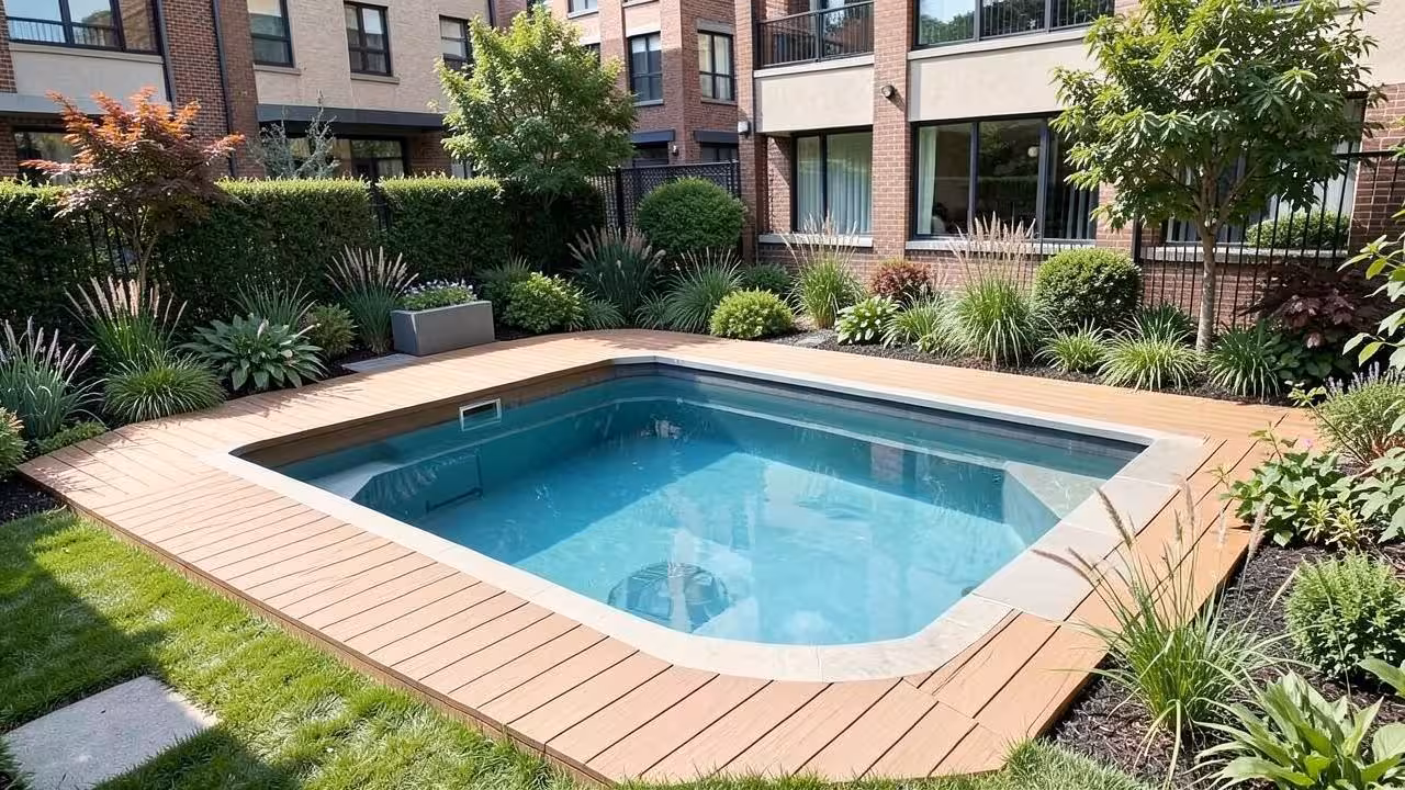 Compacte plunge pool met houten terras in een kleine stadstuin