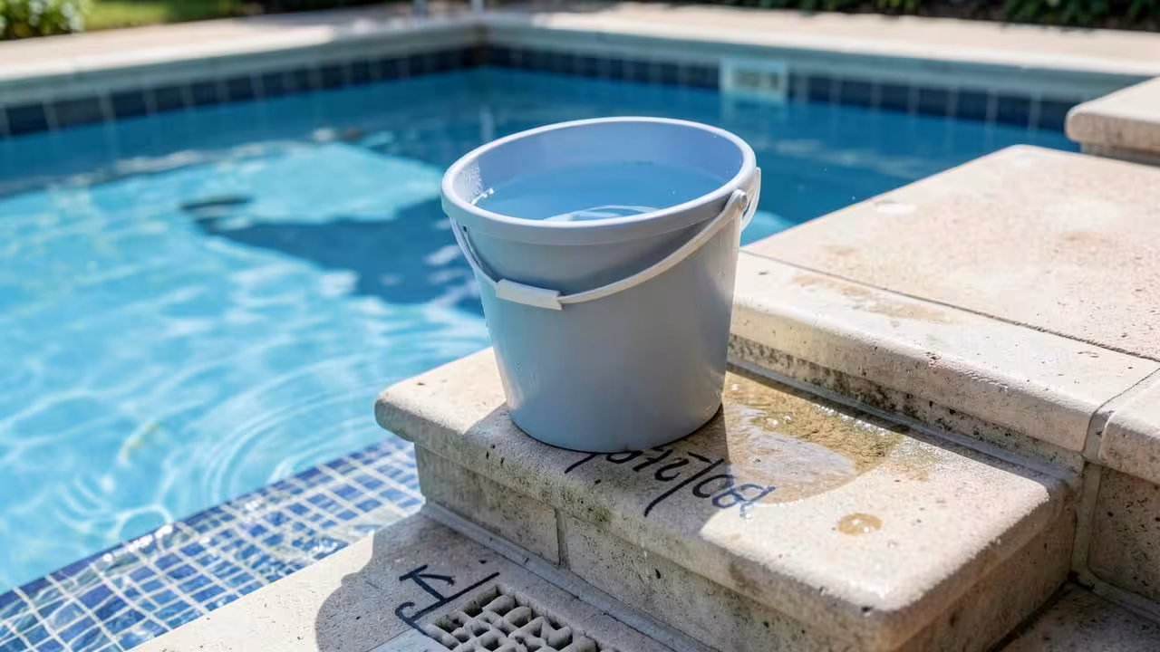 Emmer met water op de zwembadtrap met peilmarkeringen voor de emmertest