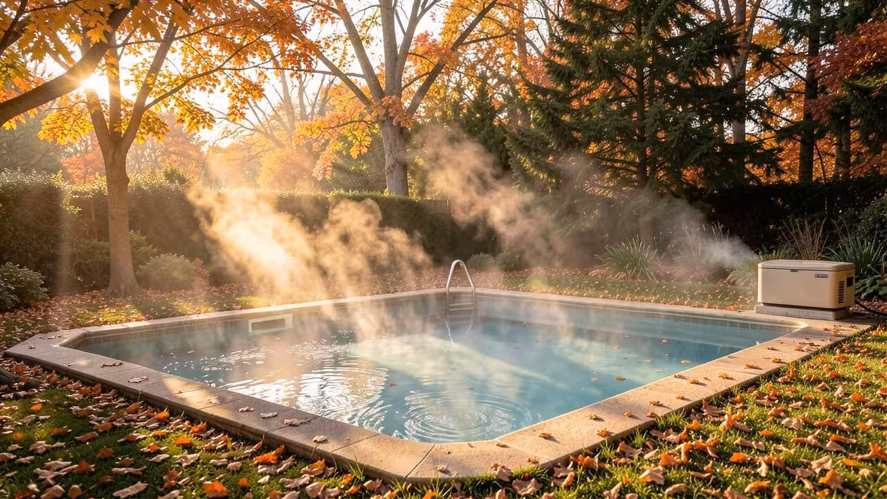 Dampend verwarmd zwembad in een herfsttuin met gevallen bladeren en laagstaande zon
