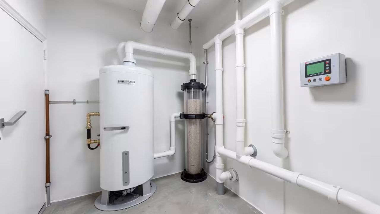 Zwembadtechniekruimte met filterpomp, zandfilter, leidingwerk en bedieningspaneel