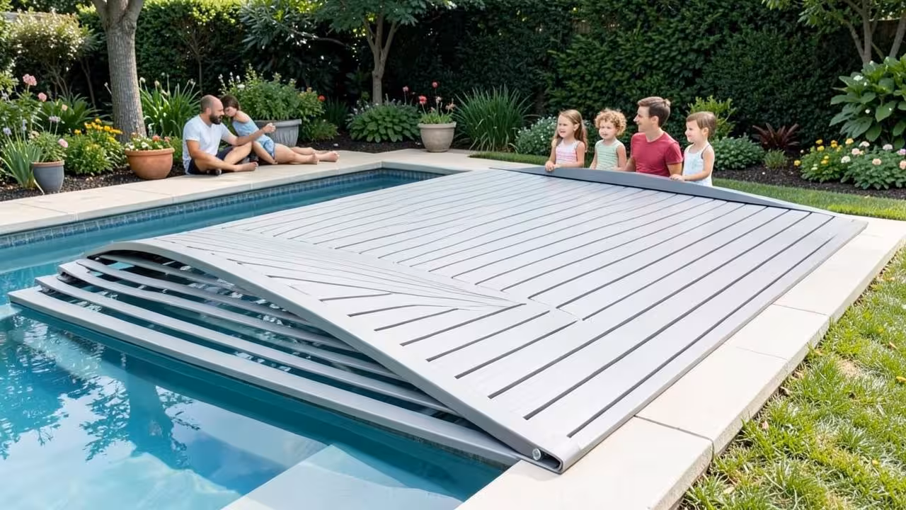 Automatische lamellenafdekking die half over een tuinzwembad rolt, met gezin op de achtergrond