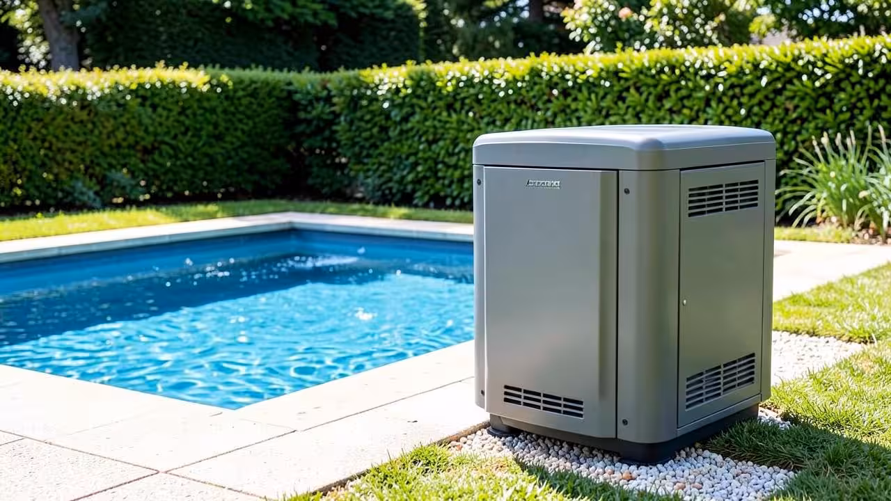 Inverter-warmtepomp voor zwembad opgesteld naast een zwembad in een tuin