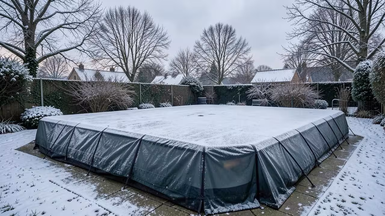 Afgedekt zwembad in een winterse tuin met sneeuw en kale bomen